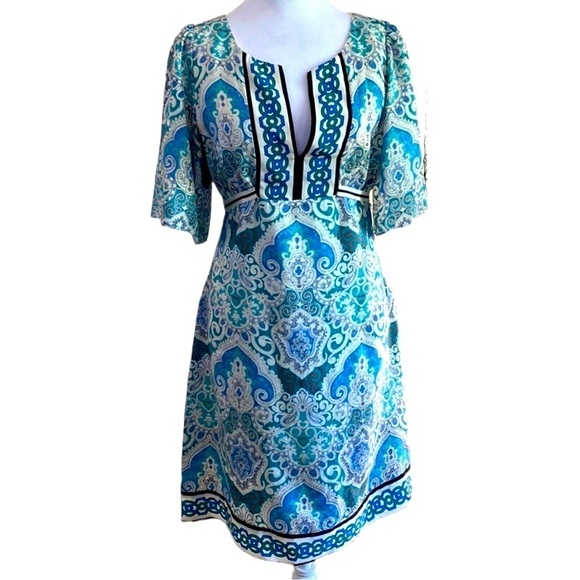 Phoebe Couture Blue & Green Silk Boho Short Sleeves Mini Dress size 8 - Picture 1 of 14